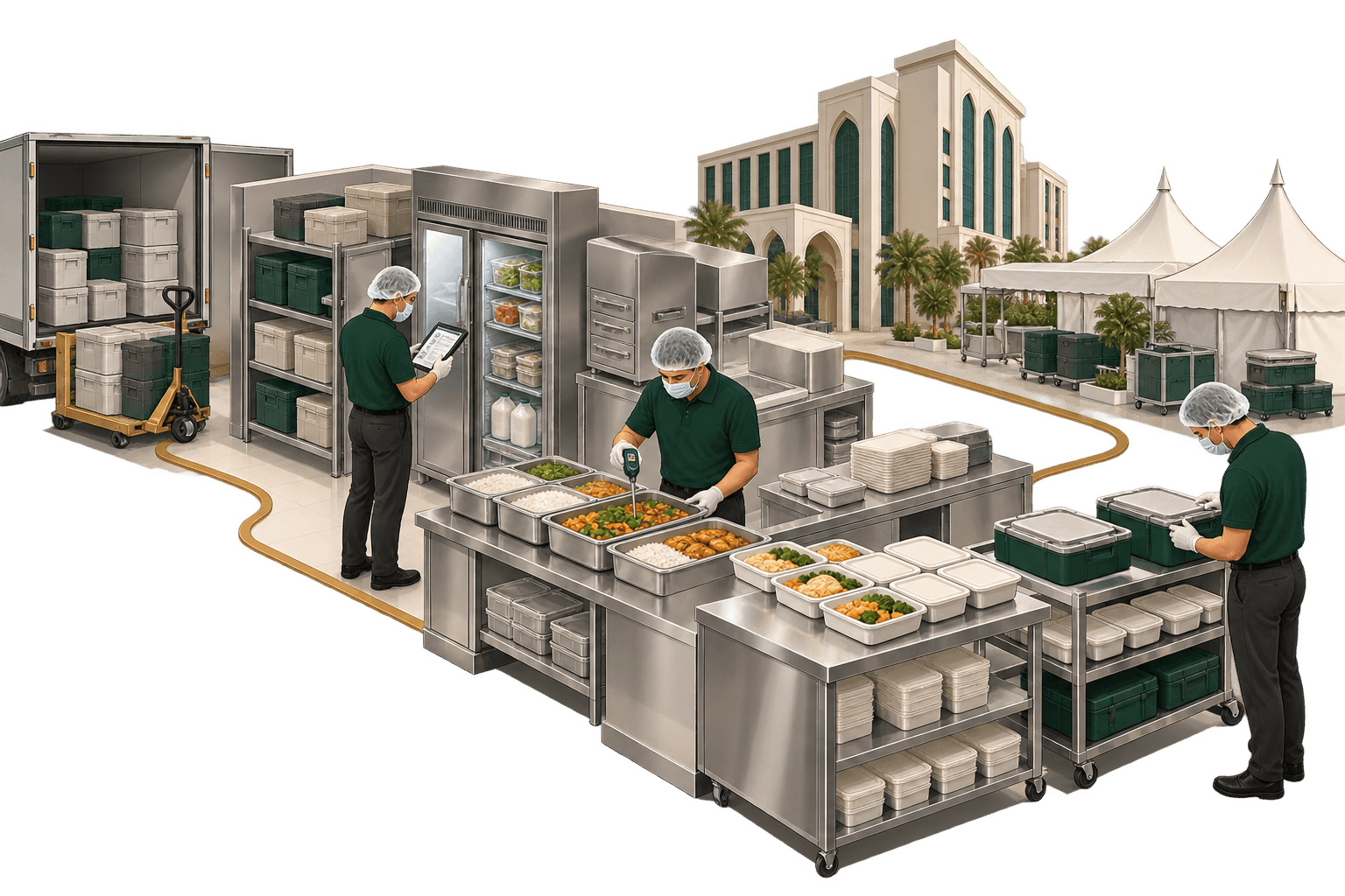 Illustration of professional inspectors checking storage, meal temperatures and dispatch in catering and hospitality facilities